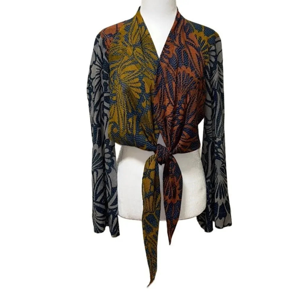 BCBG - “Amu” Patterned Tie Blouse - SZ S, Multi Color
